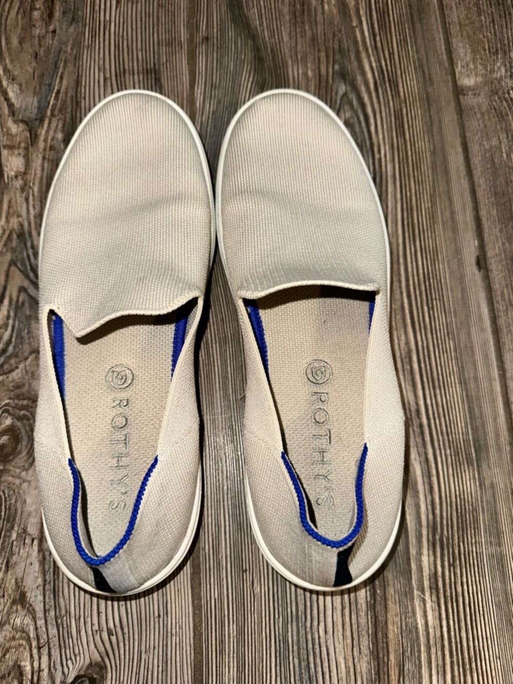 Rothy’s The Original Slip-On Sneakers in Sand Cream Tan with Blue Accent Women 9 - Picture 9 of 14